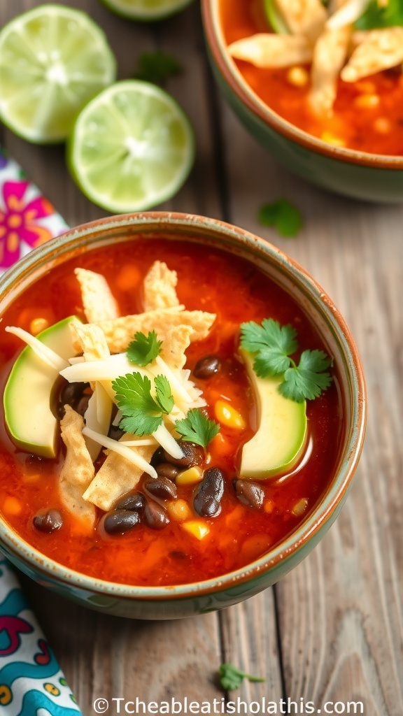 A bowl of spicy tortilla soup with black beans, corn, crispy tortilla strips, avocado, and cilantro on a rustic table.